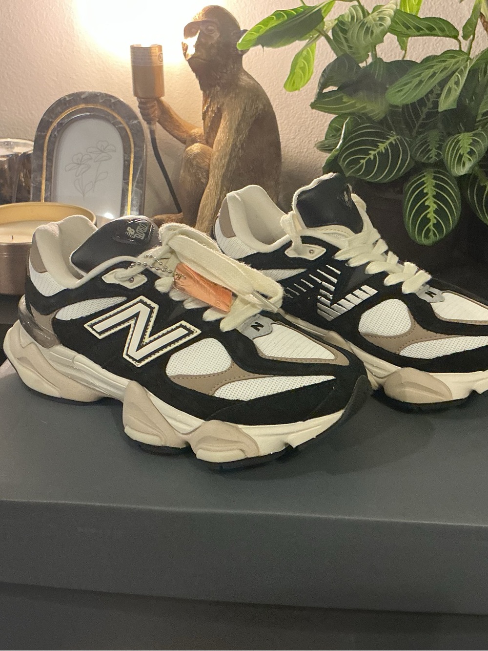 New Balance Women's 9060 Sea Salt Bone Black White Tan Chunky Sneakers